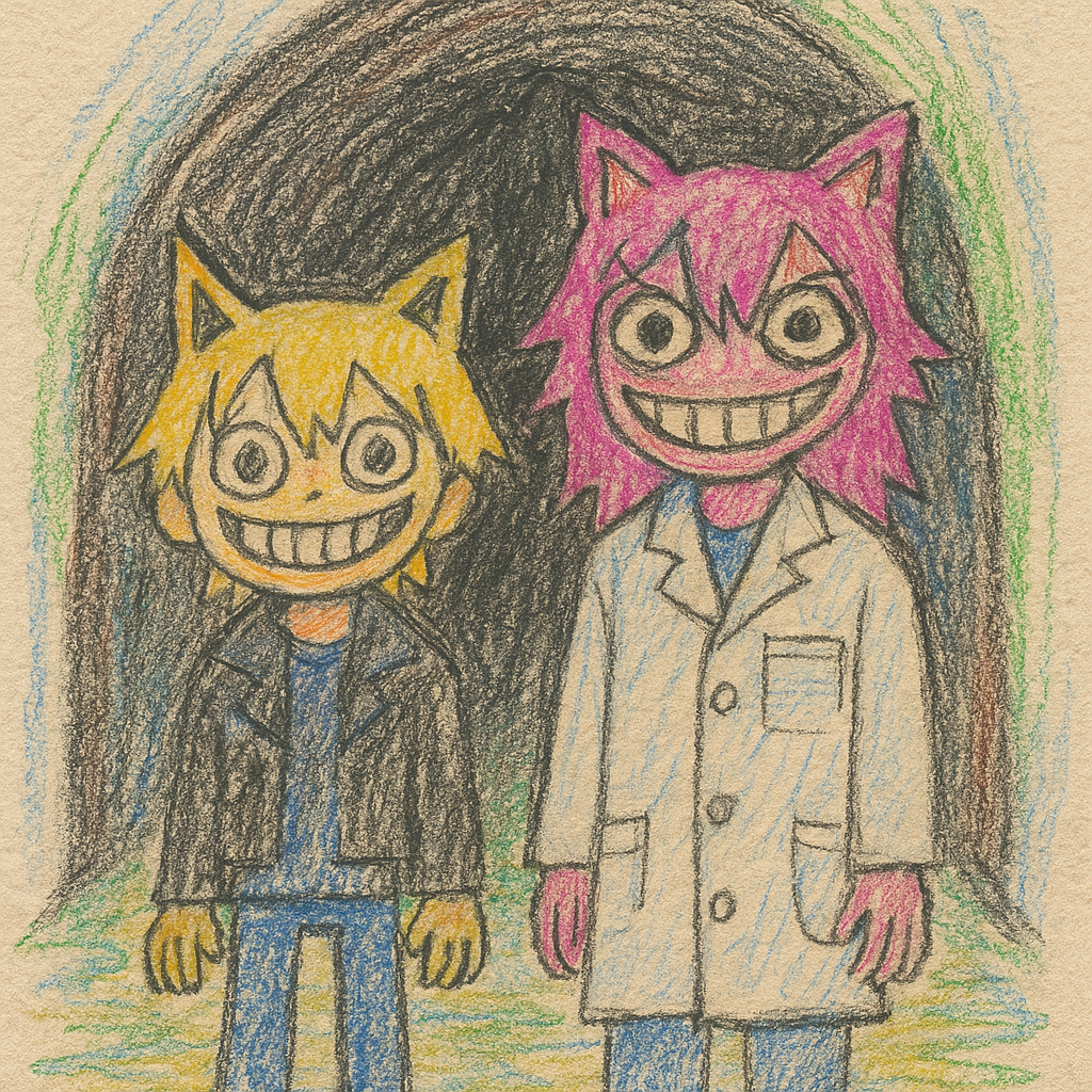 トンネルの中で不気味に笑うコスモとにゃくすの子ども画